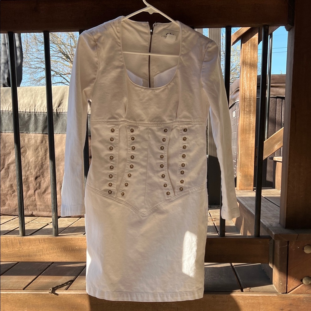 White Long-Sleeve Eyelet Jean Dress